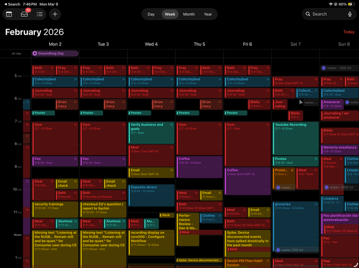 Ejemplo de una semana real en el Sistema de Calendario Total &mdash; cada color es una categor&iacute;a de tu vida